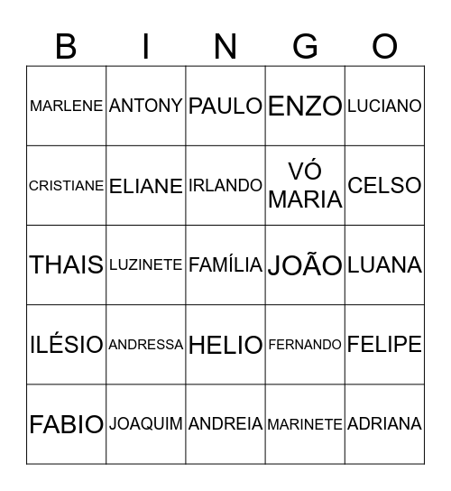 BINGO DA FAMILIA Bingo Card