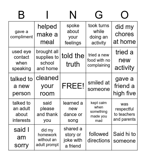 Character Counts Bingo Card