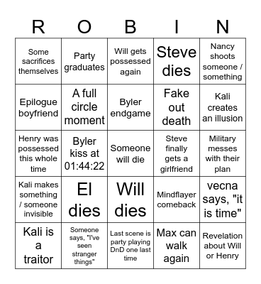 Stranger things final episode Bingo Card