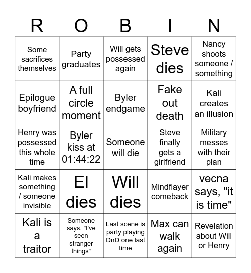 Stranger things final episode Bingo Card