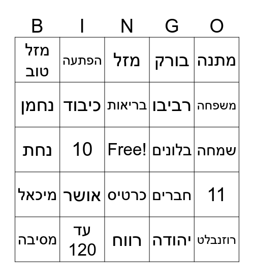 בינגו יום הולדת Bingo Card