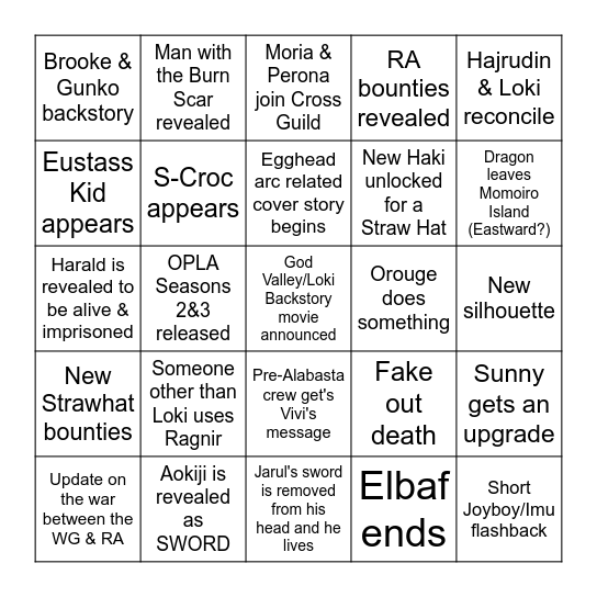 One Piece 2026 Bingo Card