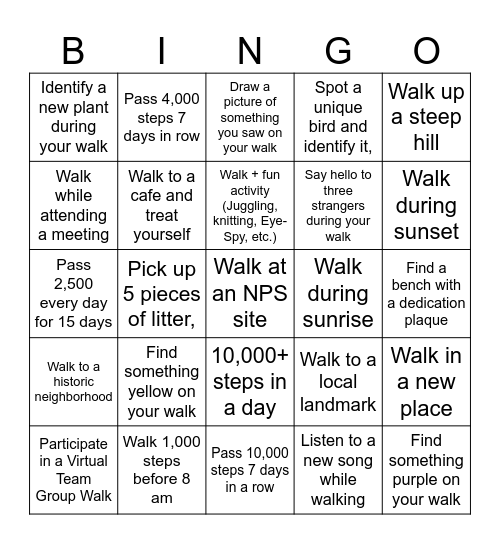 LWCF Walking Challenge Bingo Card