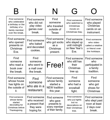 Christmas Break Bingo Card
