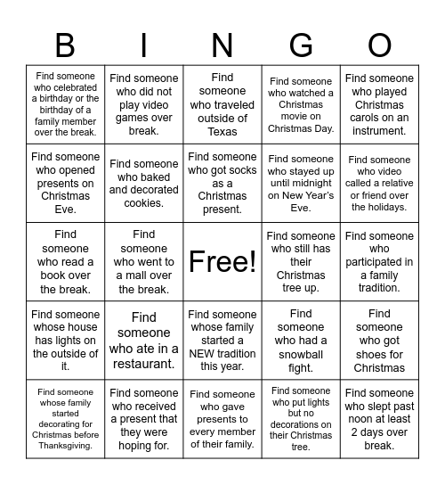 Christmas Break Bingo Card