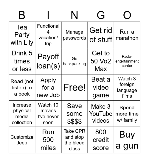 2026 Goals Bingo Card