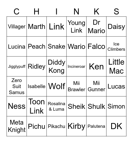 Character Bingo Card