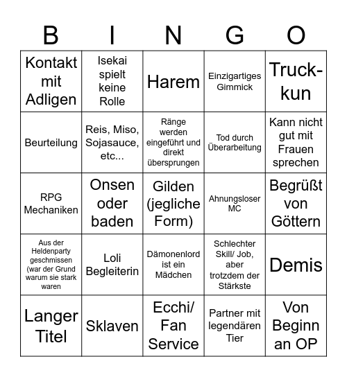 Isekai-Bingo Card
