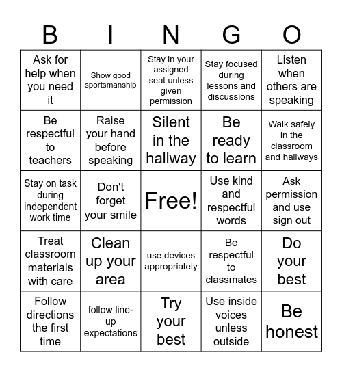 Porter Classroom Expectations Bingo Card