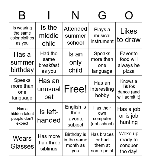 High School Classmate Bingo Card