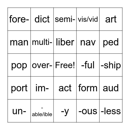Word Study Bingo Card