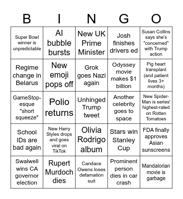 2026 Predictions Bingo Card