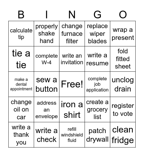 Adulting 101 Bingo Card
