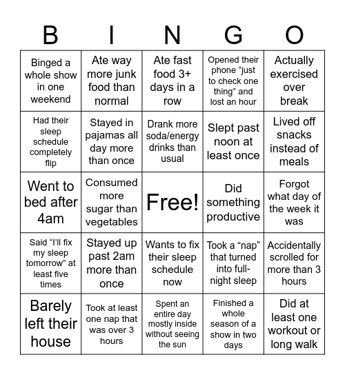 "Welcome back" Bingo Card