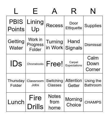 Classroom Bingo Card