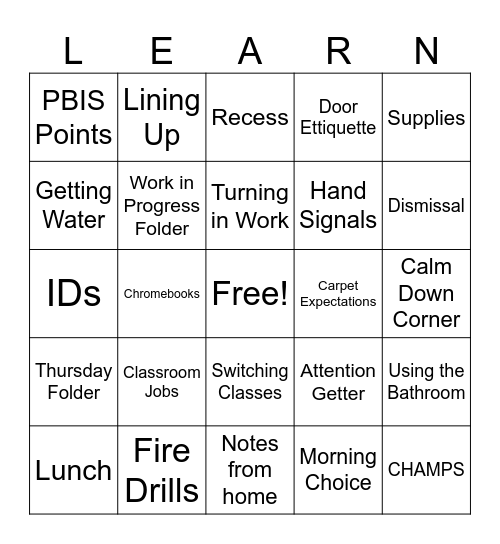 Classroom Bingo Card