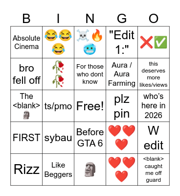 shorts comments Bingo Card