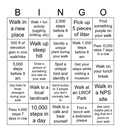 LWCF Walking Challenge Bingo Card