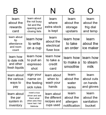 Training Bingo - you can earn 5 free drinks! Bingo Card