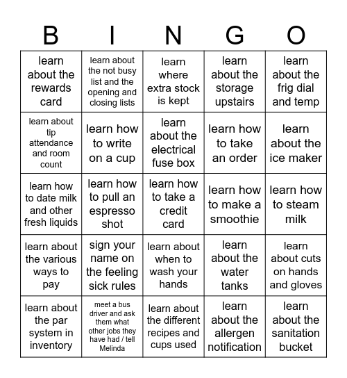 Training Bingo - you can earn 5 free drinks! Bingo Card