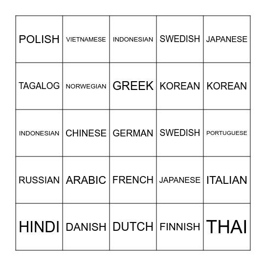 SPOKEN LANGUAGE BINGO Card