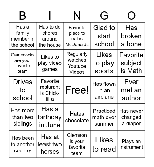 First Day of School Bingo Card