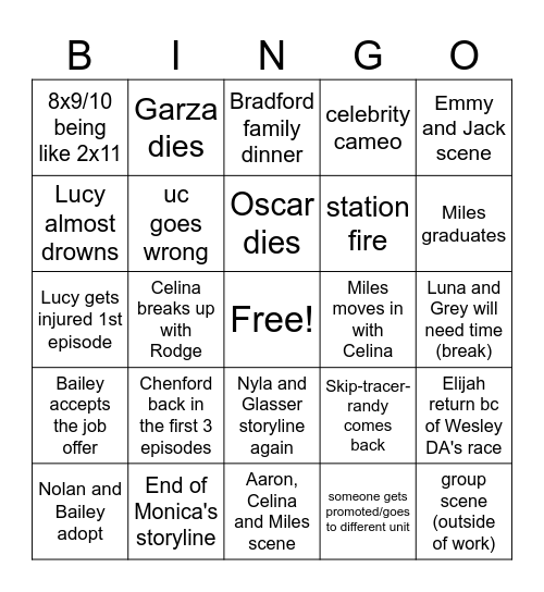 The Rookie S8 Bingo Card