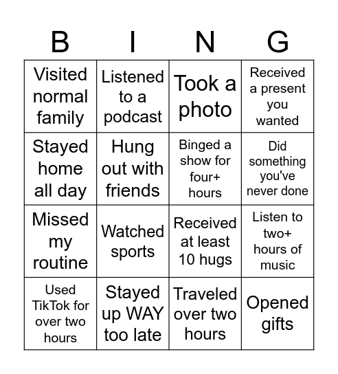Christmas Break Bing-O Bingo Card