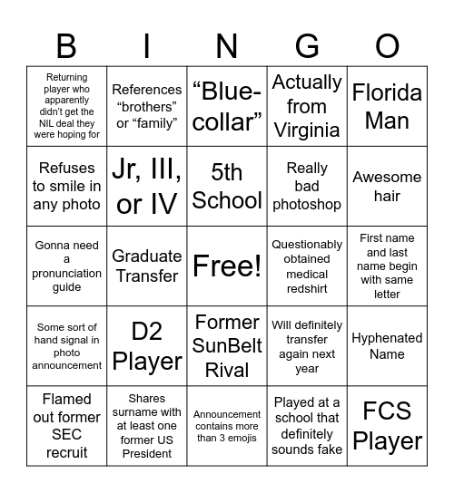 JMU Transfer Portal Bingo Card