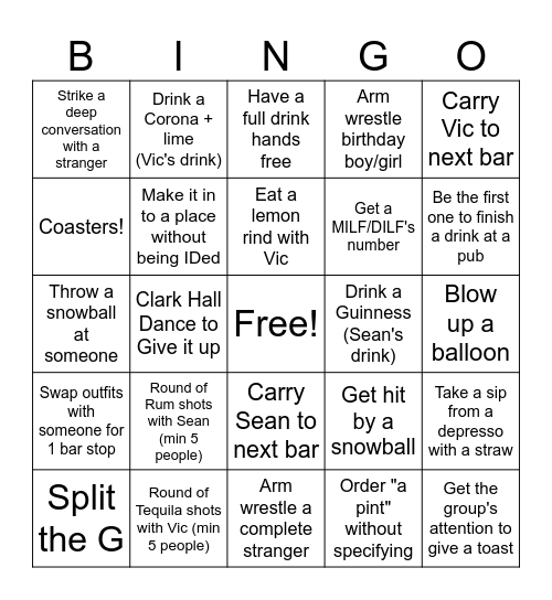 Birthday Bingo Bar Crawl Bingo Card
