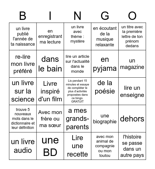 Bingo de lecture à la maison Bingo Card