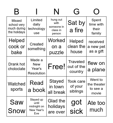 SCE Break Bingo Card