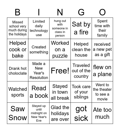 SCE Break Bingo Card