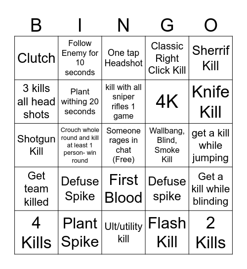 Valorant Bingo Card