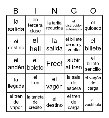 Vocabulario "el tren" Bingo Card