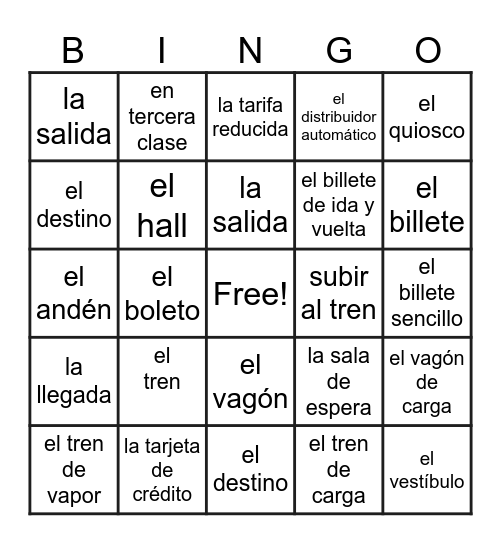 Vocabulario "el tren" Bingo Card