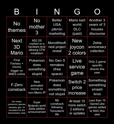 Nintendo 2026 Bingo Card