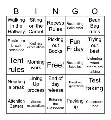Class Rules Bingo Card