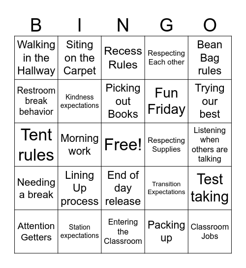 Class Rules Bingo Card