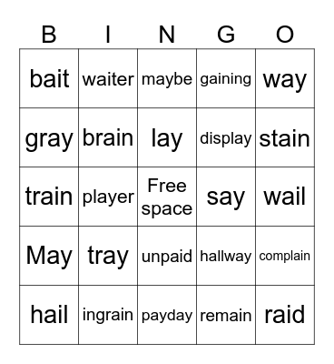 ai and ay words Bingo Card
