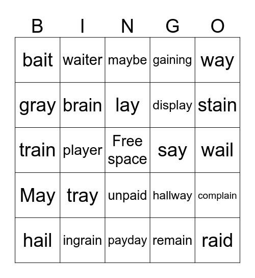 ai and ay words Bingo Card