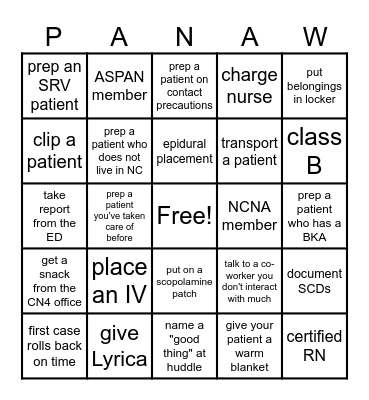 Pre-Op Nurse Bingo Card