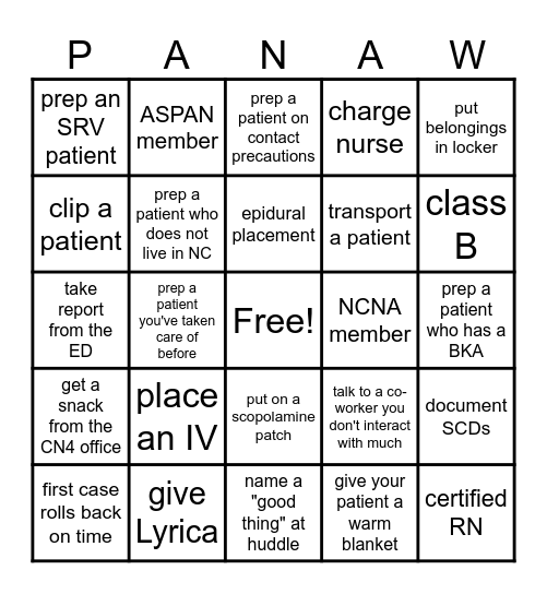 Pre-Op Nurse Bingo Card