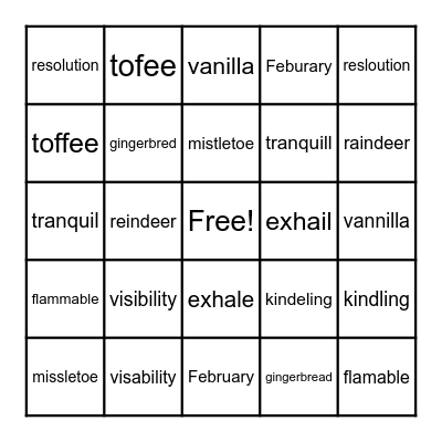 Winter MisSpelling Words #2 Bingo Card