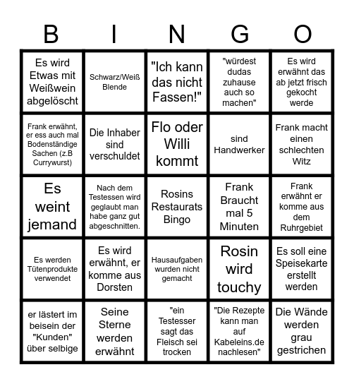 Rosins Restaurant Bingo Card