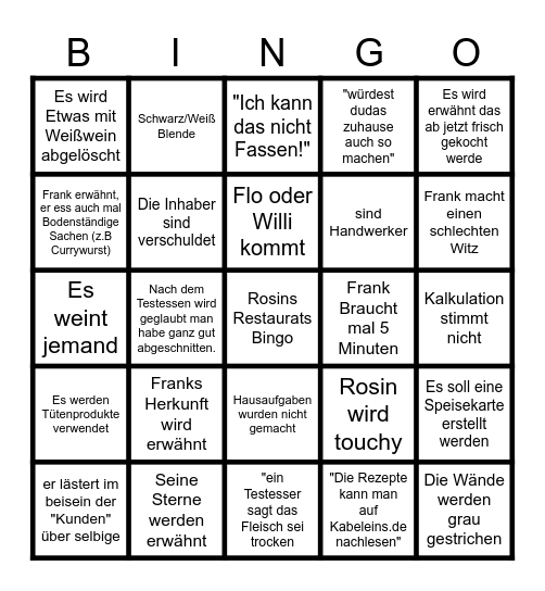 Rosins Restaurant Bingo Card