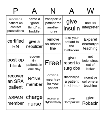 PACU Nurse Bingo Card