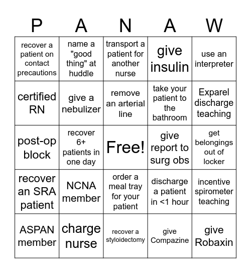 PACU Nurse Bingo Card