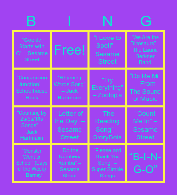 Back to School Musical Bingo Card