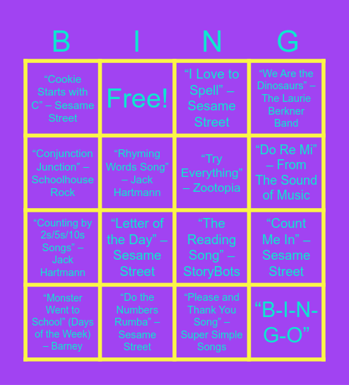 Back to School Musical Bingo Card